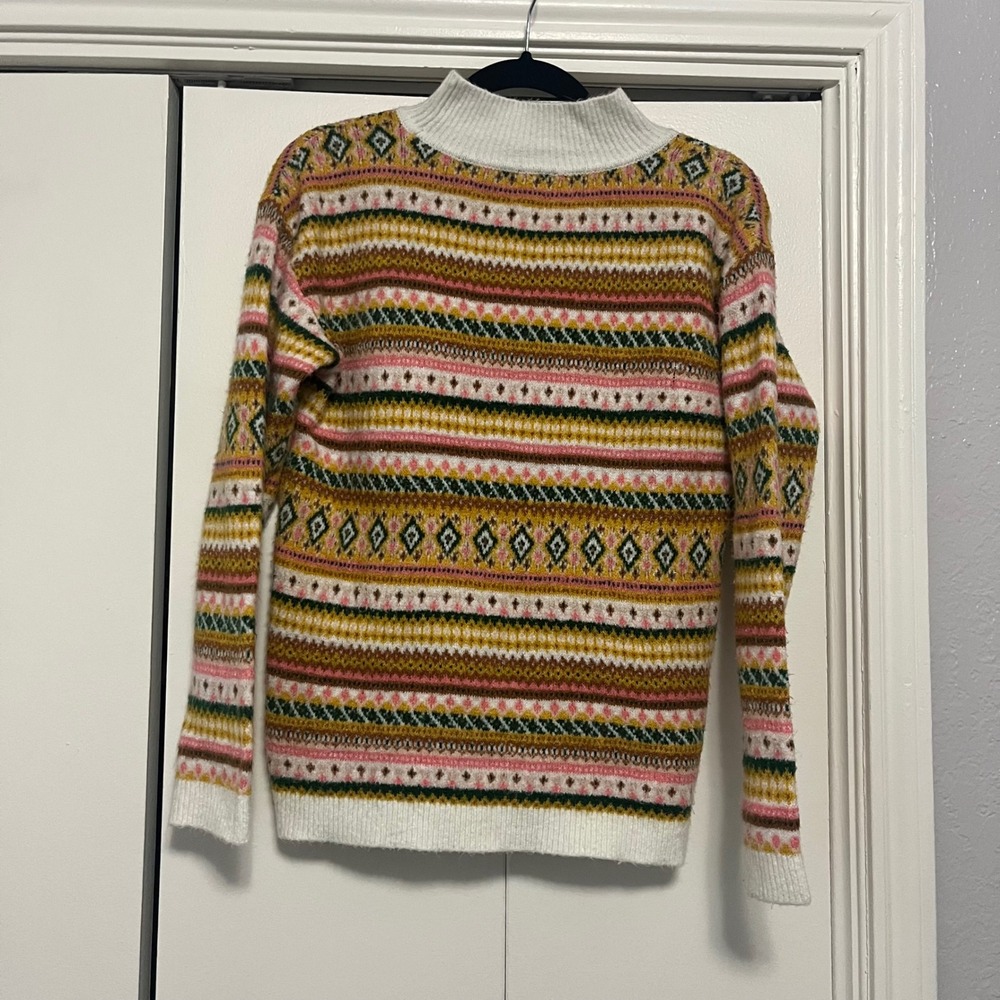 Talbot Petite Fair Isle Mock‎ Neck Sweater Pink Gold Green Ivory Women's